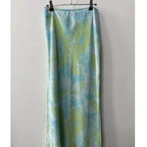 Vintage Y2K Express Silk Floral Maxi Skirt Size M Green Blue Fairy Boho Slits